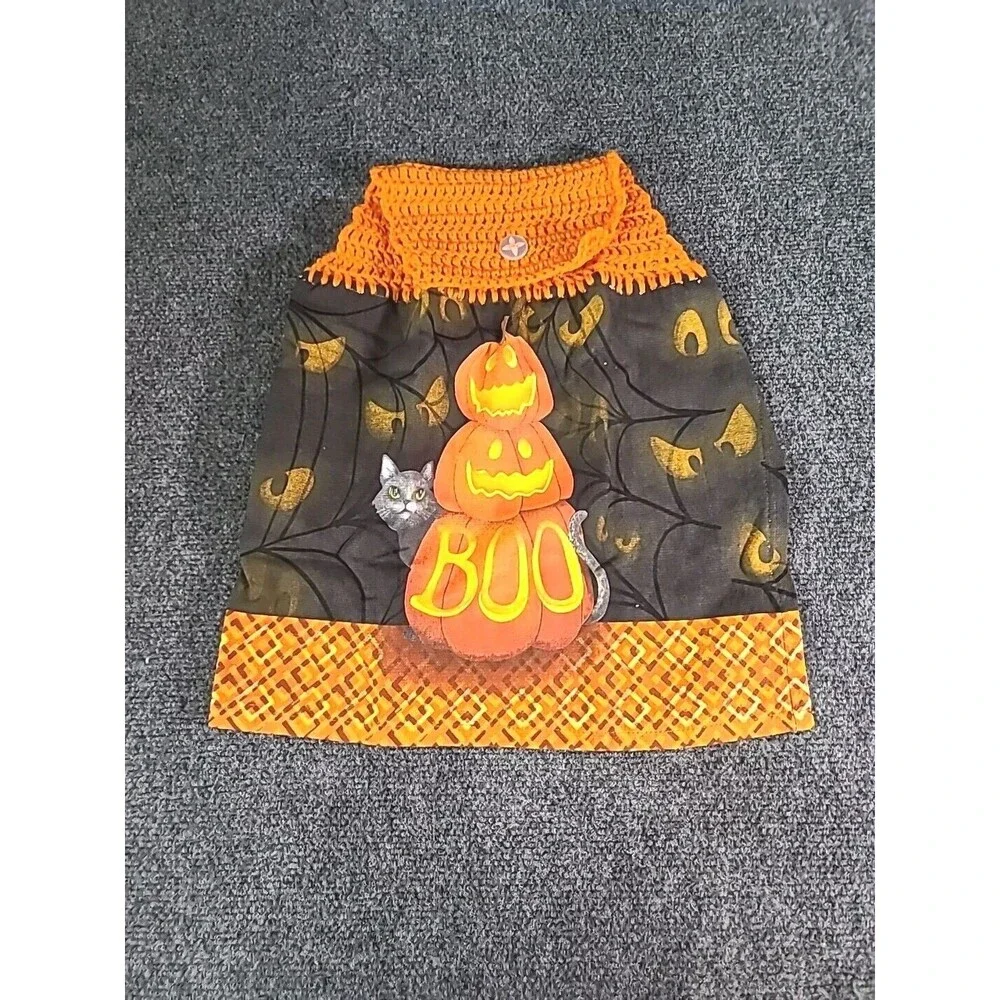 NEW  Handmade Crochet Halloween Kitchen Oven Door Hanging Towel Pumpkin Cat